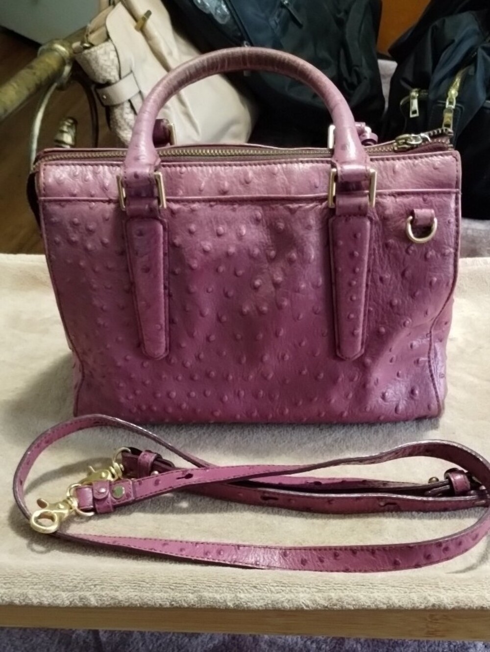 Brahmin Plum Ostrich-Embossed Leather Satchel with Detachable Strap - Picture 2 of 11